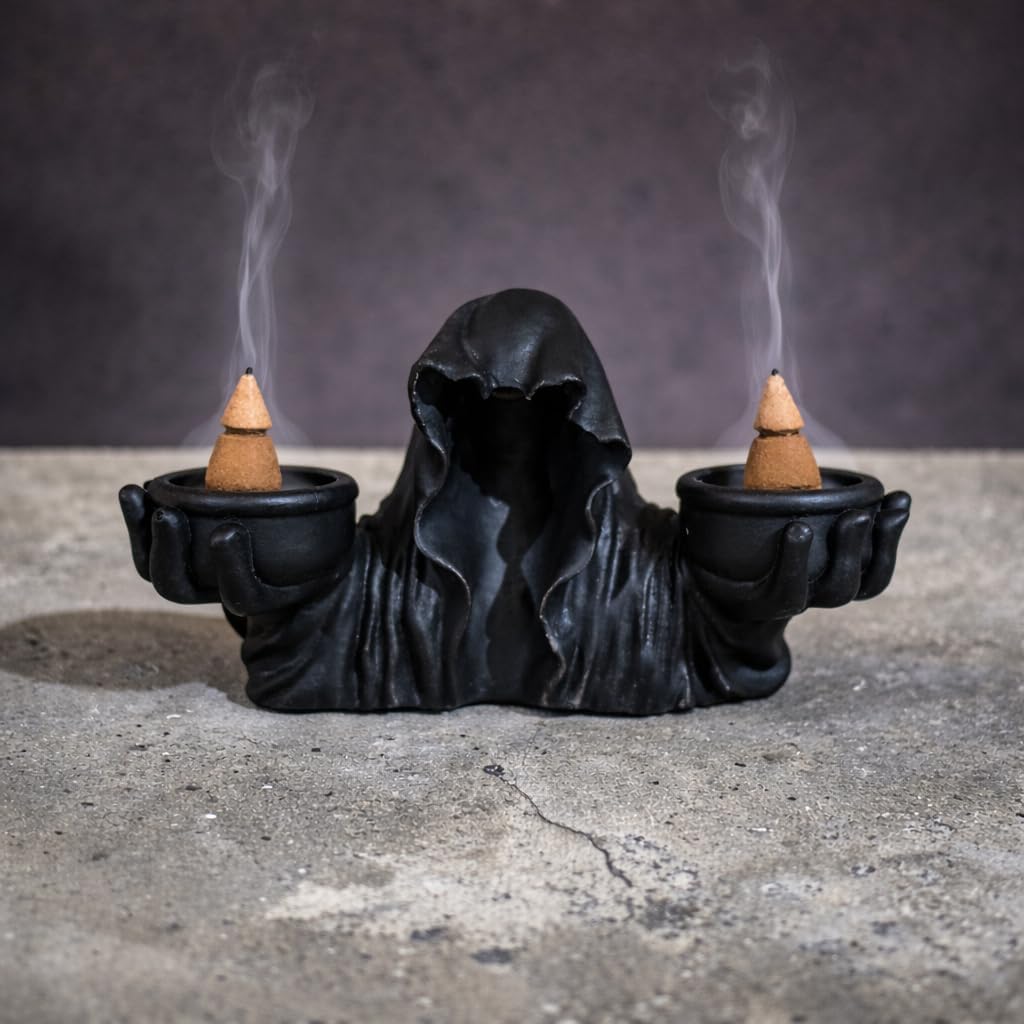 Gotik Kapüşonlu Tütsülük Beton – Grim Reaper Tarzı Dekoratif Tütsü Tutucu, Siyah & Beyaz Renk Seçenekli, Korku Temalı Ev Dekoru (SİYAH)