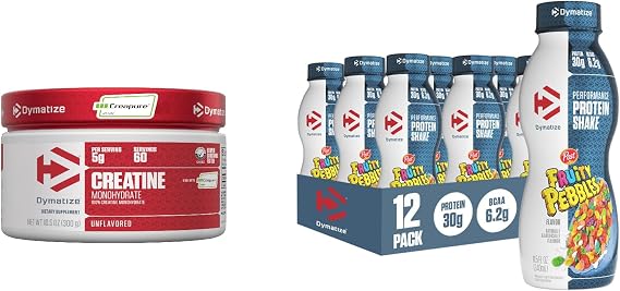 Bundle of Dymatize Performance Protein Shake, Fruity Pebbles (12 pack) + 100% Creatine Monohydrate with Creapure (60 Servings)