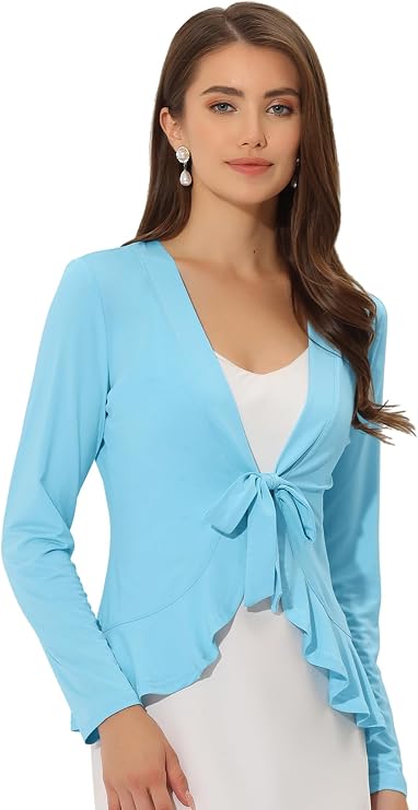 Allegra K Women's Tie Front Cardigan Dressy Casual Cardigan Draped Ruffle Shrugs for Women Dresses