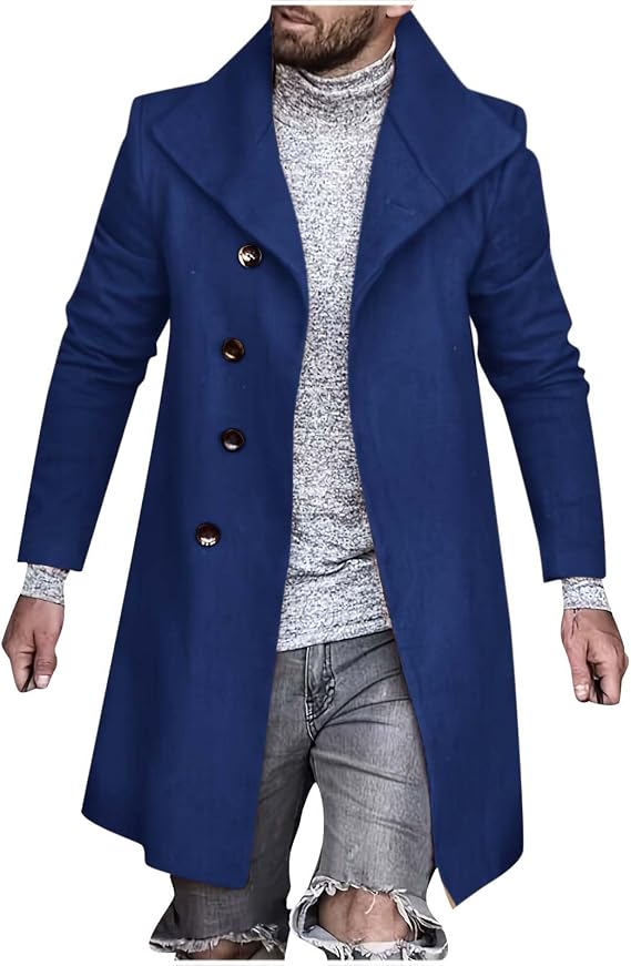 Men's Single Breasted Trench Coat Slim Fit Lapel Cardigan Coat Winter Warm Business Casual Long Jacket Overcoat