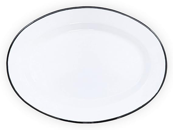 Enamelware Oval Plate, 11.75 inch, Vintage White/Black (Set of 4)