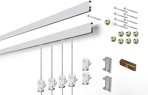 STAS Cliprail Picture Hanging System Set - Covers 9.84 ft of Wall Space - Basic Picture Rail & Art Hanging Gallery Kit (Matte Silver Rails, Includes 6 Hooks & 4 Cords)