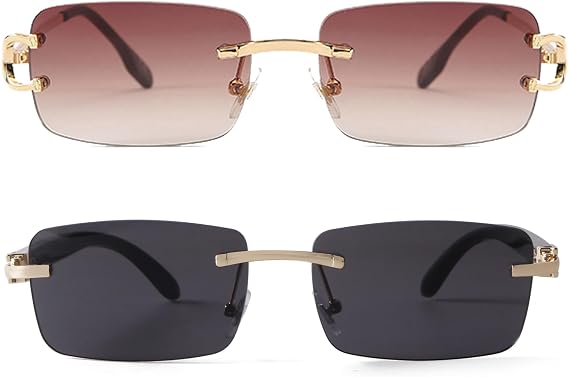 2PC Sunglasses for Men Women, Rectangle Rimless Sunnies and Gold Metal Frame Shades