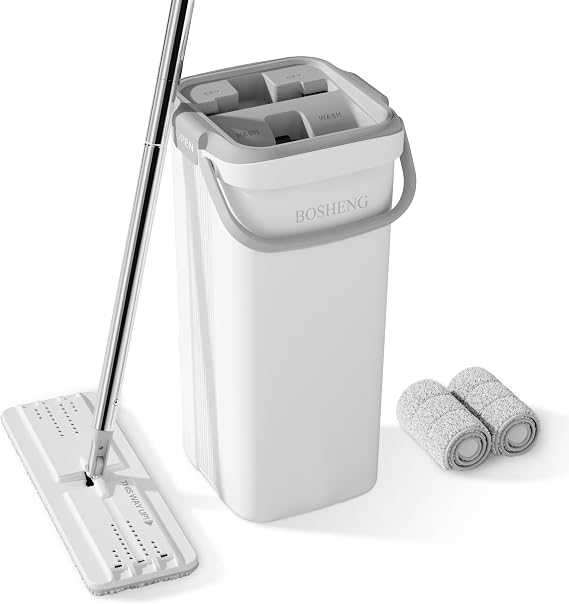 BOSHENG Mop and Bucket Set, Flat Mops for Floor Cleaning, Wall Mop with 60" Extensible Handle, Hardwood Floor Mop with 2 Microfiber Pads