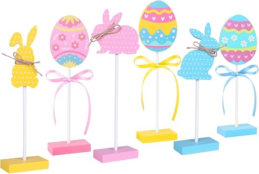DAYUMKOU 6 Pack Easter table decorations - Wooden Tiered Tray Decor with Bunny & Egg Plaques, Easter Decorations for Home Party, Kitchen, Table Display, Celebration