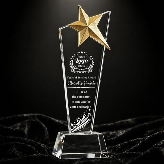 SHIP NEXT DAY, Custom Crystal Trophy - Personalized with Company Logo, Employee Name & Award Title, 3D Engraved K9 Crystal Employee Recognition