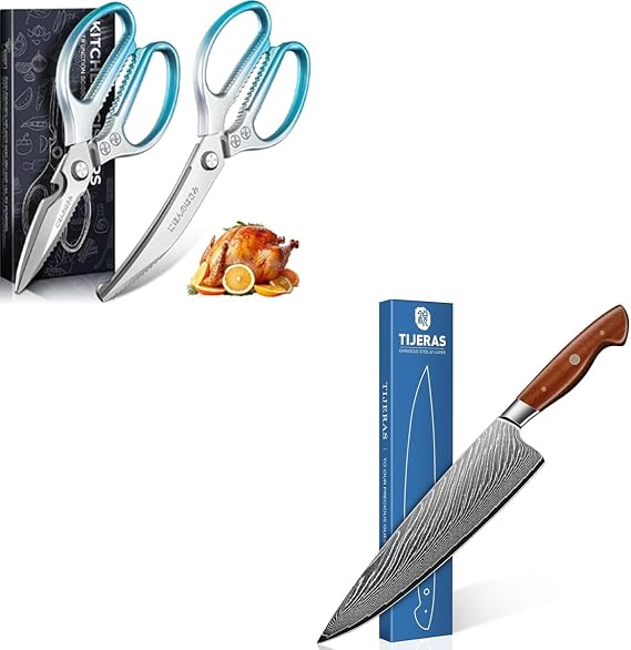 TIJERAS Kitchen Scissors Bundle With TIJERAS Damascus Chef Knife