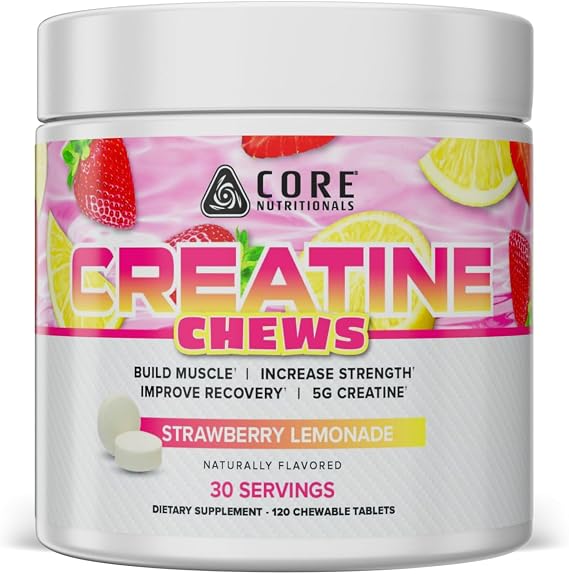Core Nutritionals Creatine Chews | Creatine Monohydrate with Sea Salt | Muscle Strength, Performance & Hydration Support | 30 Servings (Strawberry Lemonade)