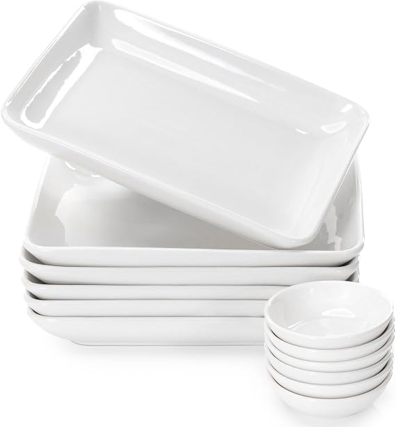 8 Inch Appetizer Plates Set with Dipping Cups for Serving, Desserts, Salads Chip-Resistant, Porcelain, Rectangular Dinner Plates Free of Plastic & Lead 6 Small, White Dinner Plates & Cups