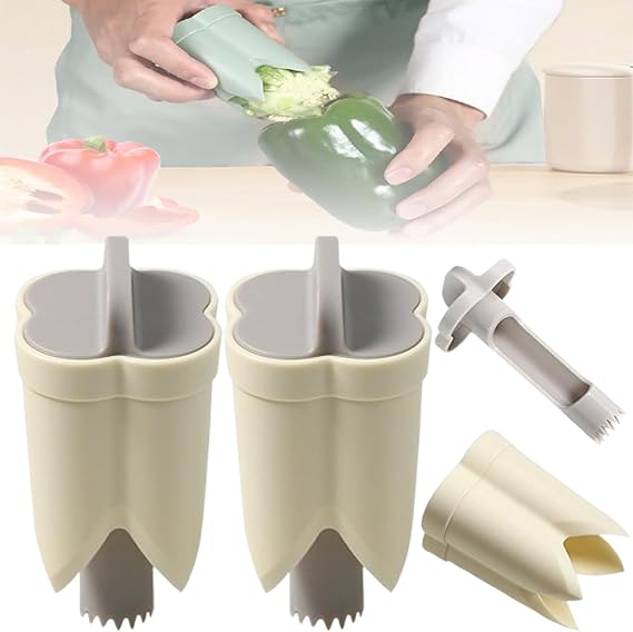 2 in 1 Pepper Seed Corer Remover, Quickly Cutting and Deseeding Bell Pepper Tool for Kitchen (Beige, 2Pcs)
