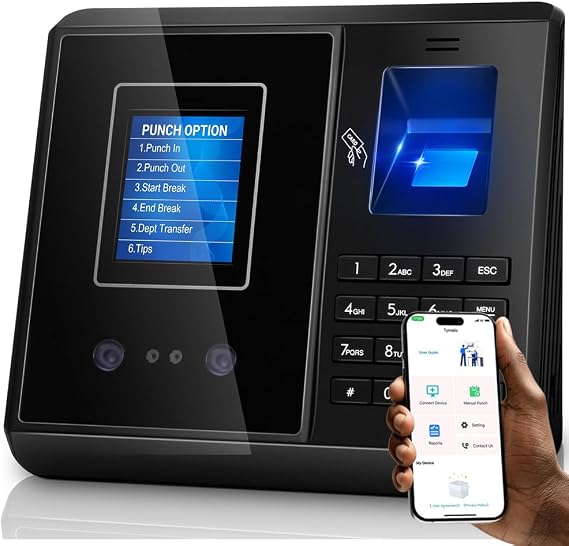 App Control, 5s Fast Connection, Fix Records, Custom Overtime, Lunch & Break Rules, 4 Payroll Reports, No Monthly Fee, 10 IC Cards Included, Fingerprint & Face Time Clock for Small Business