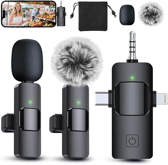 PQRQP 3 in 1 Professional Wireless Lavalier Microphone for iPhone/Android/Camera, Wireless Microphones, Mini Microphone, Crystal Clear Sound Quality for Recording, Live Streaming, Clips-Elegant Black