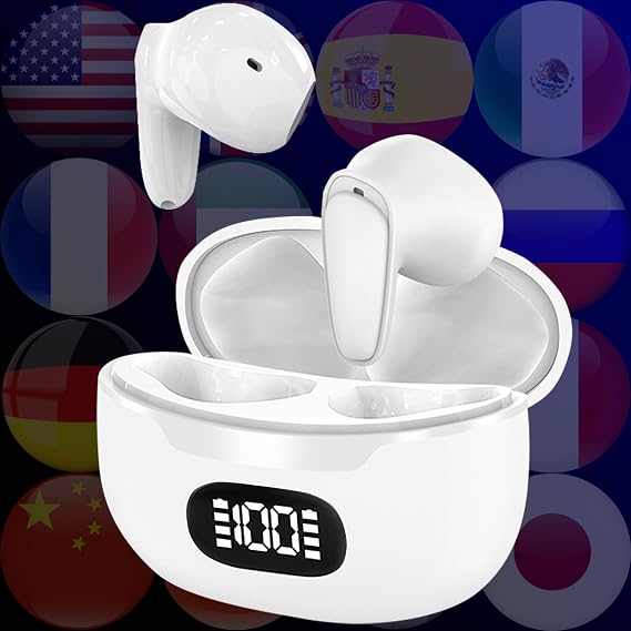 Translation Earbuds - Language Translator Device Two Way, White | 1 Year Free Translating Service, Instant Voice Earbud Translator in Real Time, Offline Mode, Audifonos Traductores de Idiomas