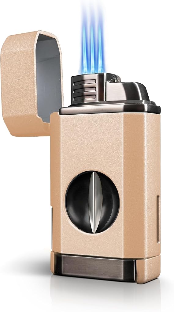 Refillable 3-in-1 Cigar Torch Lighter with Built-in Cutter & Cigar Holder | Blue Jet Flame,Metal Windproof Body,Compact & Durable, Premium Gift Set for Cigar Lovers