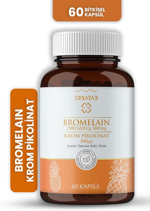 Erbatab Bromelain Krom Pikolinat 60 Kapsül - 500 mg Ananas Enzimi, 2500 GDU, Bitkisel Takviye Edici Gıda