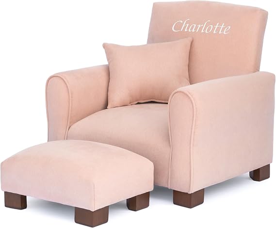 Toddler Personalized Armchair, Kids Upholstered Rocking Chair with Personalization, Toddler Chair with Personalized Name, Comfy Child Armchair, (Blush Suede, Legs)