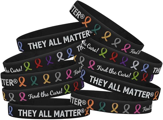 They All Matter Find The Cure Silicone Wristband Bracelets for All Cancers Awareness - 10 Pack (Black)