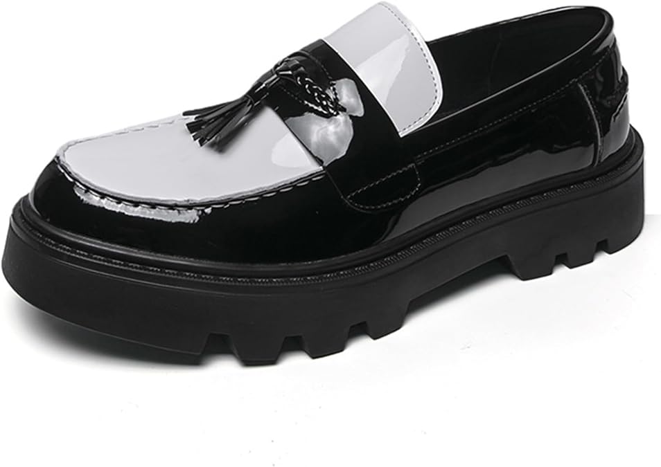 Two Tone Platform Tassel Penny Loafers for Men Fashion Black & White Comfort Slip On Round Toe Lug- Sole Chunky Heeled Dress Loafers Work Office Business Daily Casual