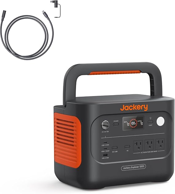 Jackery Explorer 1000 v2 and Extension Cable,1070Wh,1500W AC | 1 Hr Fast Charge, LiFePO4 Battery, 100W USB-C Output, Solar Generator for Camping,