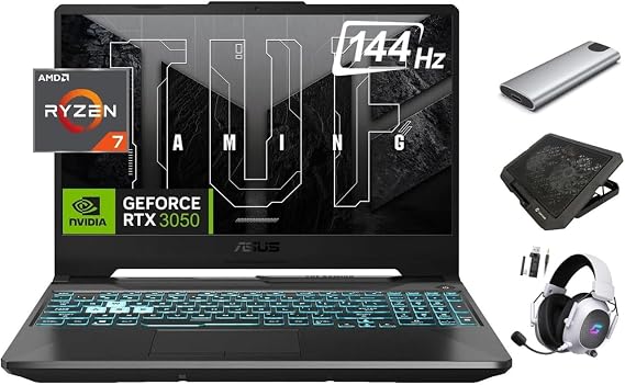 ASUS TUF 2024 A15 Gaming Laptop, 15.6" 144Hz FHD, 8-Core Ryzen 7 7435HS (Beats i7-13620H), NVIDIA RTX 3050 GPU, 16GB RAM, 1TB SSD + 256GB Portable SSD, RGB KB, RJ45, Keypad, Win 11