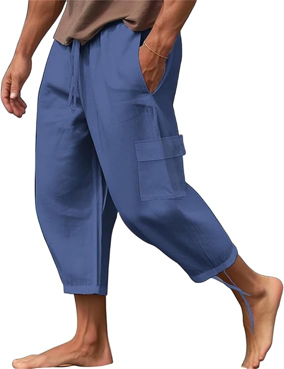Wankang Mens Cotton Linen Capri Pants Elastic Waist Drawstring Lightweight Summer Beach Trousers Cropped Yoga Pants for Men