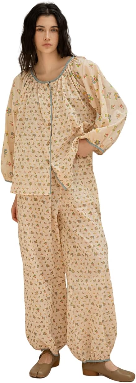 100% Cotton Women's Pajama Set, Long Sleeve Floral Loungewear, Beige