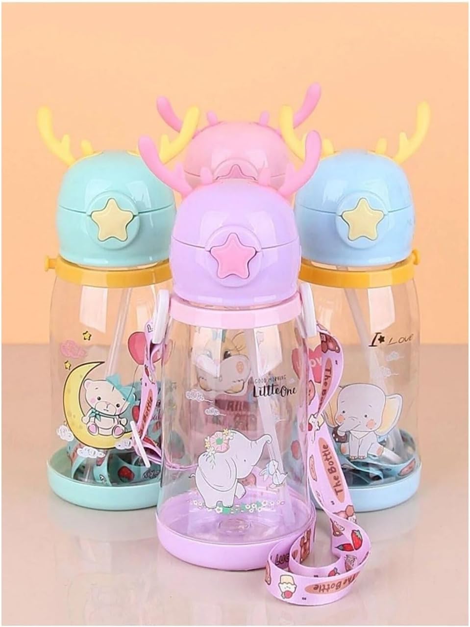 Water Mat Children's Mat with Deer Figure Straws 700 ml Strap Children's Water bottle Food Grade Leak Proof Mat with Plastic Cover School Sports Travel (BPA FREE) (Pink-Purple)