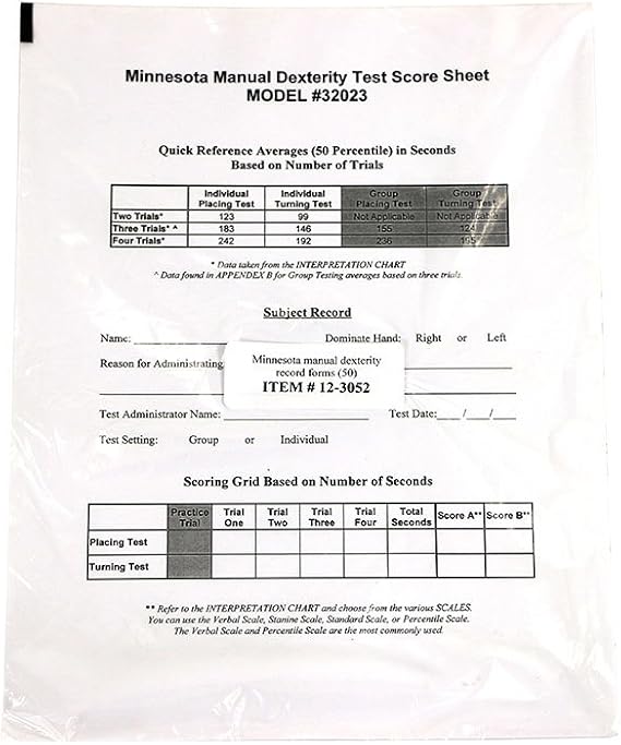 Minnesota Manipulation and Dexterity Test - Minnesota Accessory - 50 Record Forms