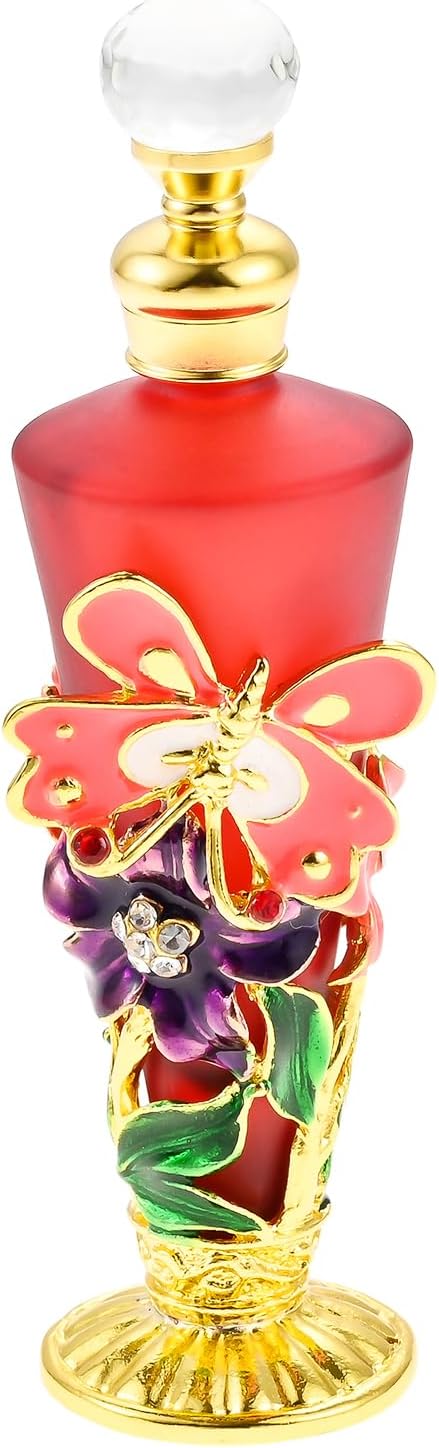 Yetaha Vintage Frosted Glass Perfume Bottles, Crystal Perfume Bottles Refillable Bejeweled Flower Decorative Essential Oil Bottle for Living Room Bedroom Decor Birthday Gift (Red Butterfly)
