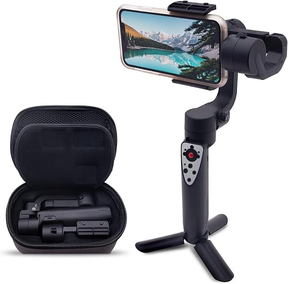 3-Axis Mini Handheld Gimbal Stabilizer for iOS & Android - Foldable Pocket Gimbal Bundle- Live Video & YouTube Vlogging Smartphone Steadicam with Grip - Bluetooth Compatible, Black, IGF-808