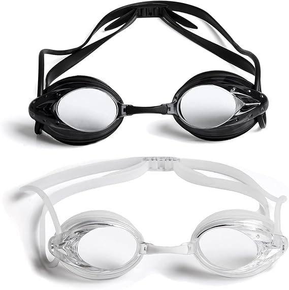 The Friendly Swede Goggles for Women & Men, 3 Nose Pieces & Case | 2 Pack, Wide Angle Lens, Anti Fog Swimming Goggles, 3 sizes of Interchangeable nose bridge (S, M, L), White/Black