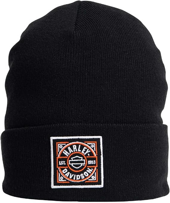 Harley-Davidson Men's H-D Label Patch Embroidered Cuffed Beanie Hat - Black