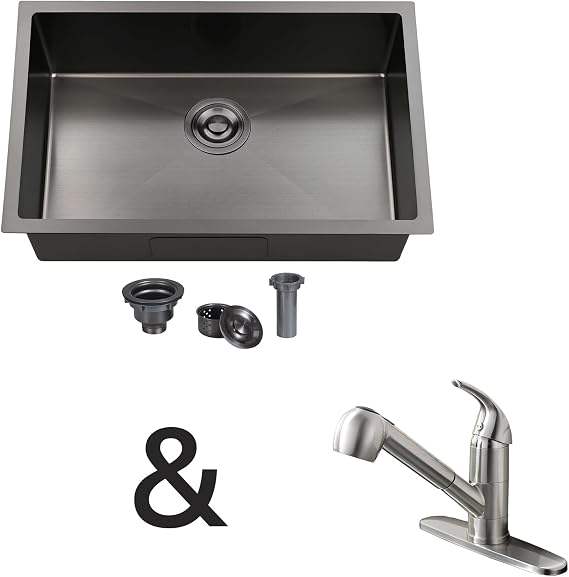 28 Black Undermount Kitchen Sink and Small Single Handle Pull Out Kitchen Sink Faucet