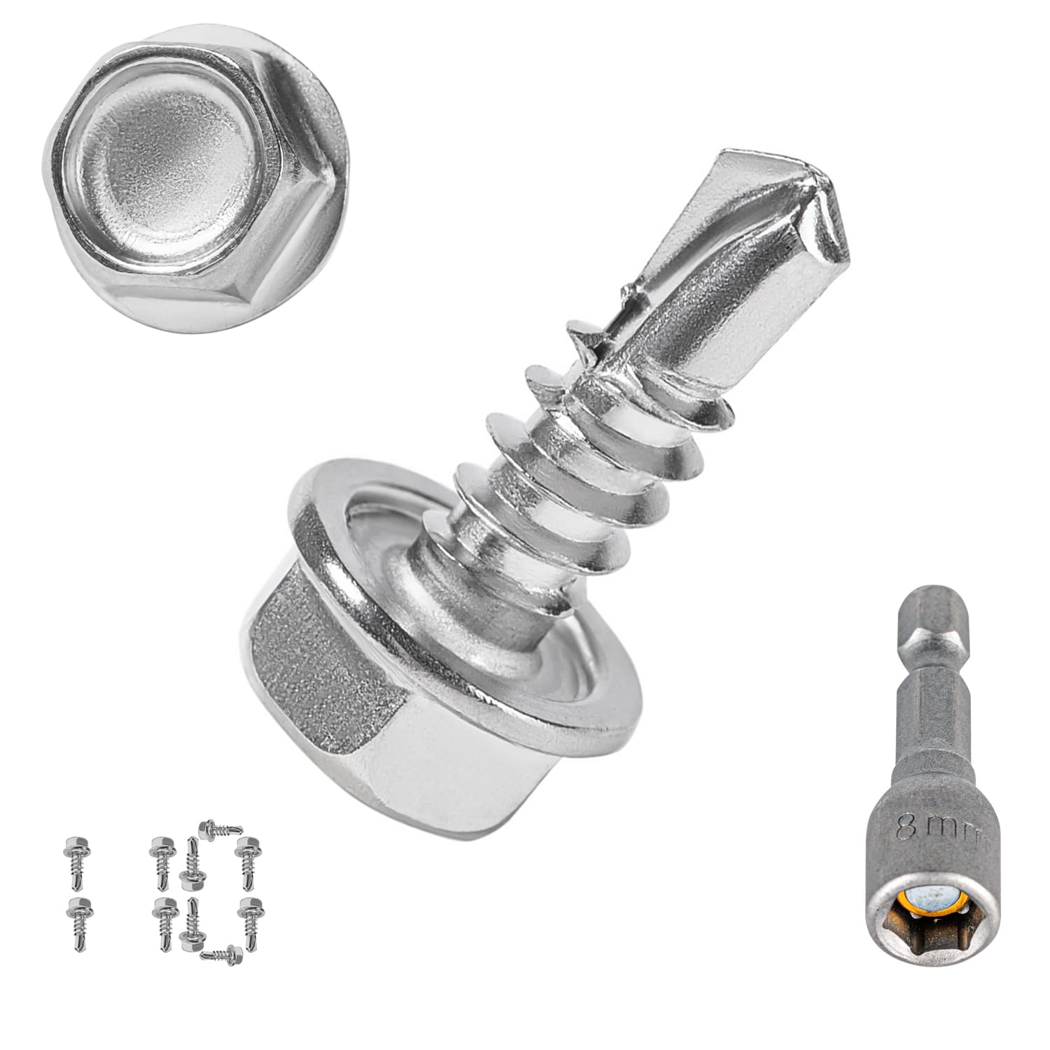 QSJ 110PCS #10 x 12 Sheet Metal Screws 410 Stainless Steel Hex Washer Head Fast Self Tapping Screws with Screwdriver Bit Silver