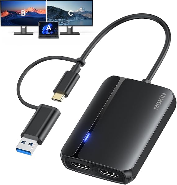 MOKiN HDMI Splitter for Dual Monitors, 4K@30Hz HDMI Splitter Extended Display for macOS/Windows, USB C/USB A 3.0 to Dual Hdmi Adapter for MacBook, Dell, Lenovo, HP (4K@30Hz+1080p)