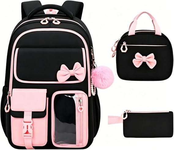 Backpack for Girls Kids Backpack16in School Bookbag | with Lunch Bag Pencil Case Bow Kids Bookbag forTeen Elementary MiddleSchool