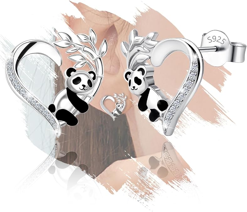 Sterling Silver Panda Stud Earrings - Cute Animal Love Heart Earrings for Teens Women for Sensitive Ears Hypoallergenic Lightweight Cubic Zirconia Jewelry Gifts for Panda Lover