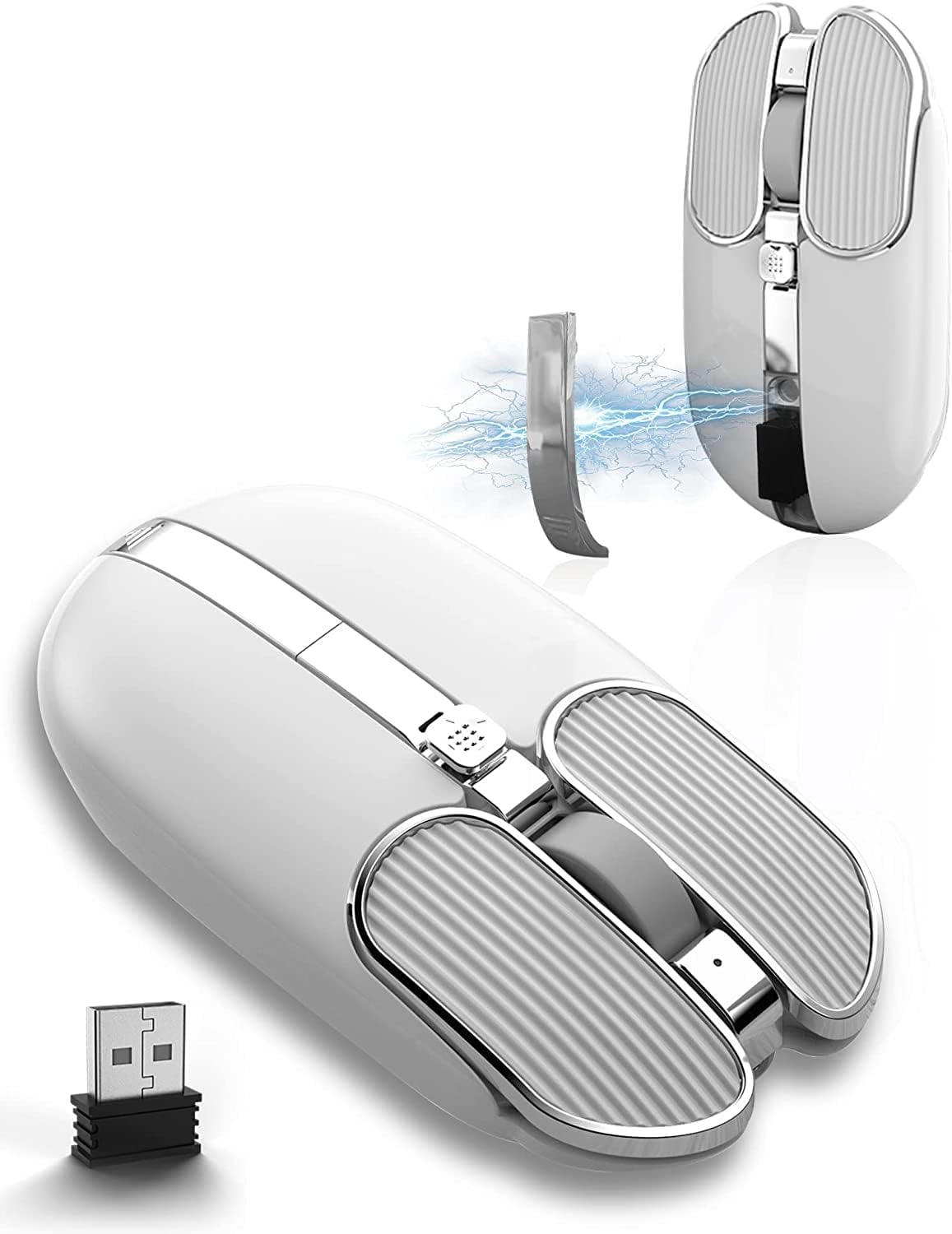 Pixart3065 Wireless Mouse, 8 Buttons, 3200 DPI Rechargeable, Optical, High Precision, Small, Piano, Ultra Thin, Lightweight, Silent, 2.4 GHz, 5DPI Mode, Energy Saving Mode, Easy to Carry, Compatible
