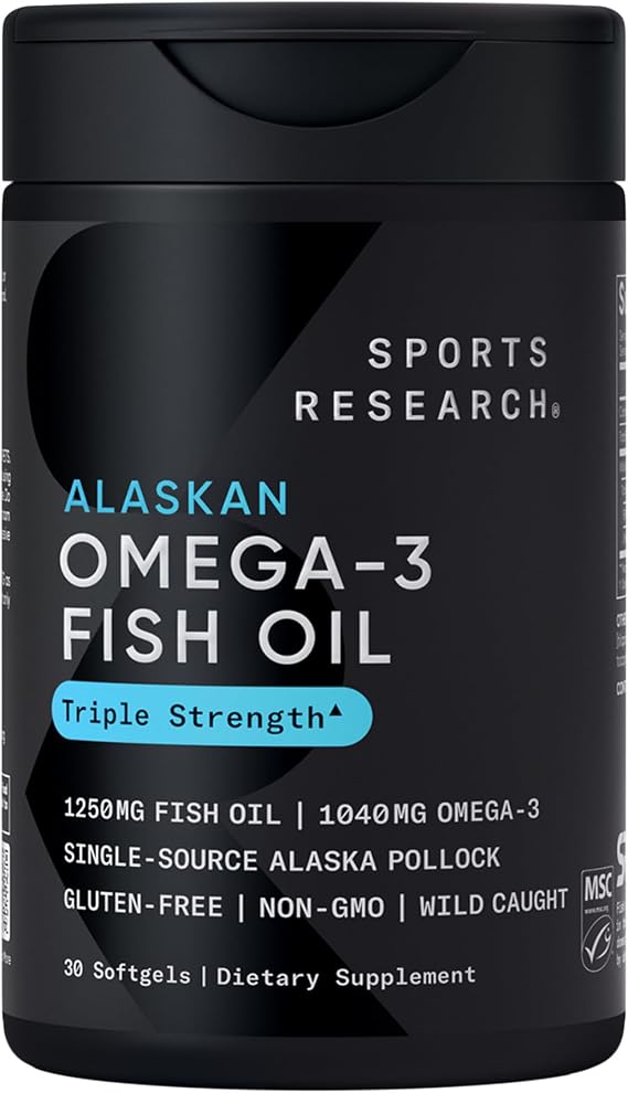 Sports Research Omega-3 Fish Oil 1250mg from Wild Alaska Pollock, 30 Count