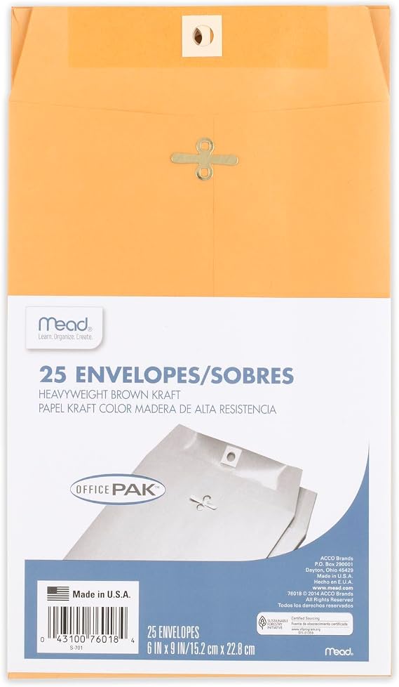 Mead Envelopes, 6" x 9", Clasp Closure, Brown Kraft All-Purpose 24-lb Paper Mailing Envelopes, 25 Count (76018)