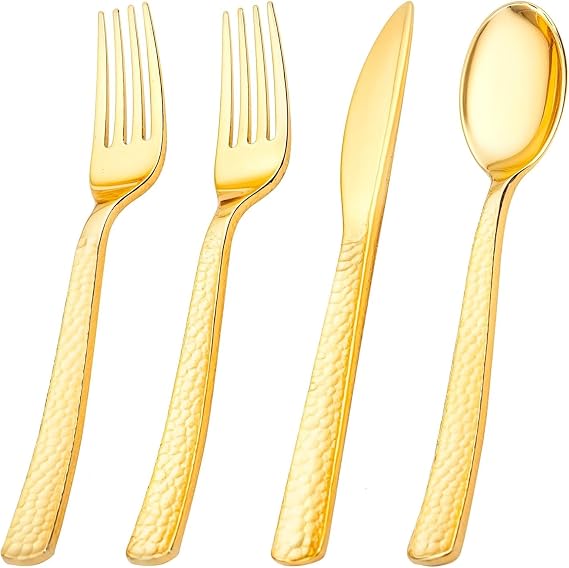 KIRE 60PCS Gold Plastic Plates PLUS KIRE 400PCS Gold Plastic Silverware