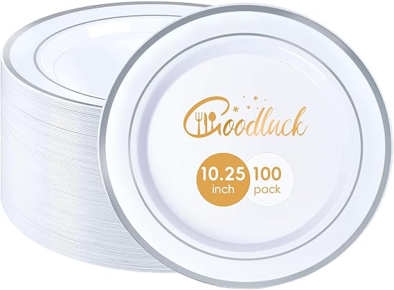 100Pcs Silver Rim Plastic Dinner Plates, 10.25 Inch | Heavy Duty Disposable Plastic Plates for Party, Wedding, Birthday & Daily Use
