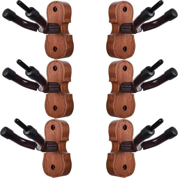 WOGOD Violin Wall Mount, 6 Pack Wooden Violin Shape Instrument Display Hooks, Violin Hangers for Violin, Viola, Universal String Instrument Holder for Home Music Room Decor