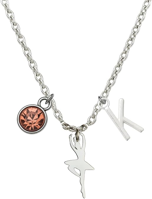 Ballerina Necklace with Initial Letter & Birthstone Custom Dance Jewelry Gift for Recitals, Performers, Dance Teams & Teachers