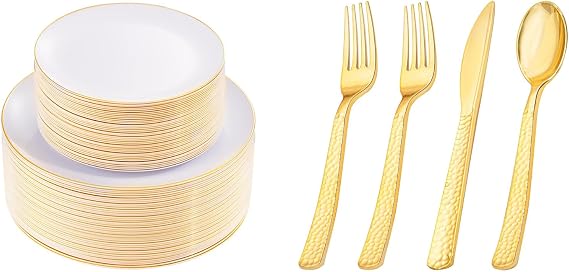KIRE 100PCS Gold Plastic Plates 400PCS Gold Plastic Silverware