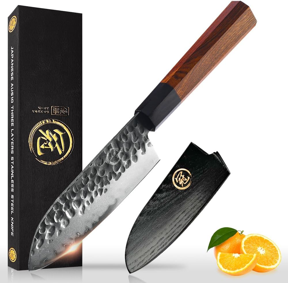 GRAND SHARP 5 inch Japanese Santoku Chef Knife, AUS10 3-layer High Carbon Stainless Steel Kitchen Cooking Knife, Professional Hand Forged Chefs Knives Rosewood Handle & Gift Box& Sheath