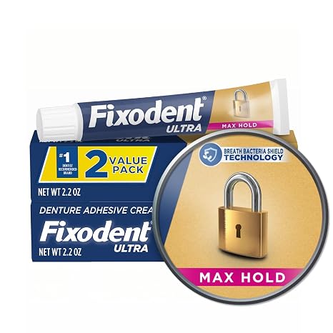 Fixodent Ultra Max Hold Denture Adhesive Cream, 2.2 oz 2-Pack, Strong False Teeth Glue