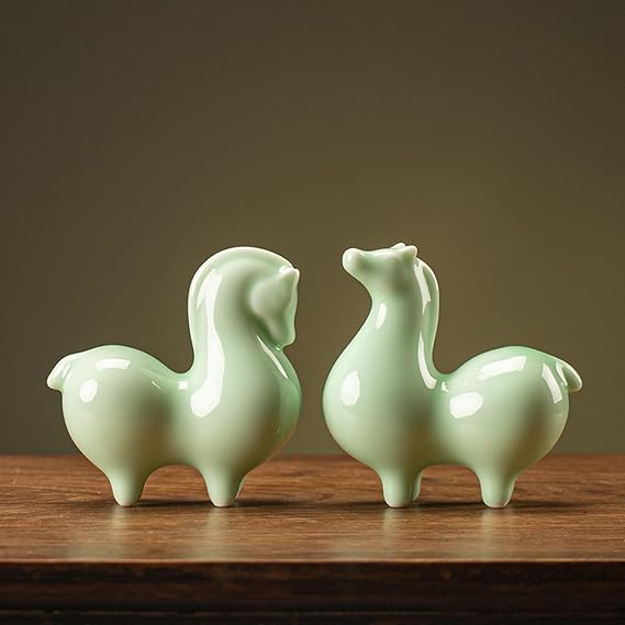 Zodiac Horse Statues, Ceramic Animal Horses Figurine, Feng Shui Green Tang Horse for Home Office Decor, Set of 2