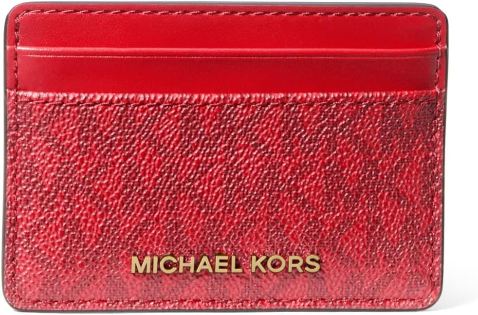 Michael Kors Jet Set Card Holder, Gold-Tone Hardware/Tonal MK Signature Coated Twill/Crimson Multi