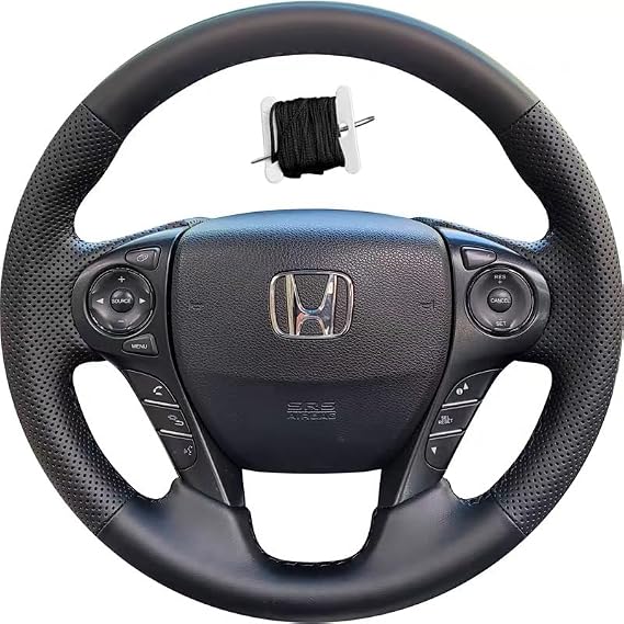 Hand Sewn Black Perforated Leather Interior Car Steering Wheel Cover, Fit for 9th Generation Honda Accord Sedan 2013 2014 2015 2016 2017 (Black Thread)